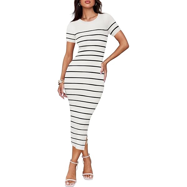 BTFBM Women Casual Summer Dresses Short Sleeve Striped Midi